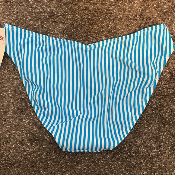 So Women’s Bikini Bottoms. Aqua Blue and White Striped V Front and Back sz L NWT - Picture 2 of 3